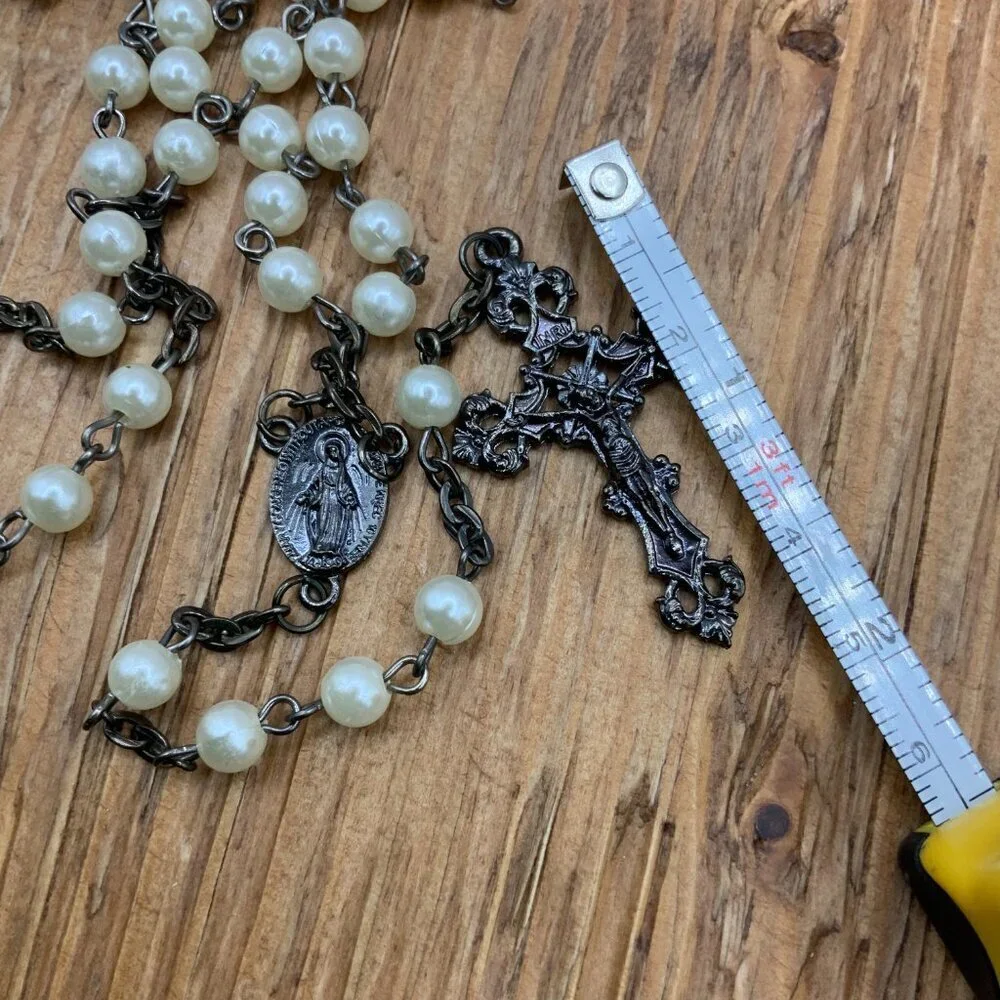 Rosary Vintage Beaded White Faux Pearl Gun Metal Cross